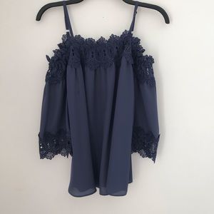Lace trim blue off the shoulder blouse